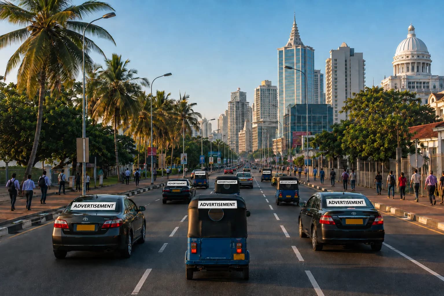 Cars and a three-wheeler carrying ADVERTISEMENT signs on a palm-lined Colombo avenue at golden hour, city skyline behind