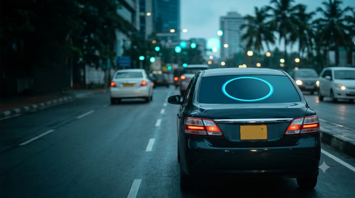 Car carrying an ad on its rear window in Colombo evening traffic