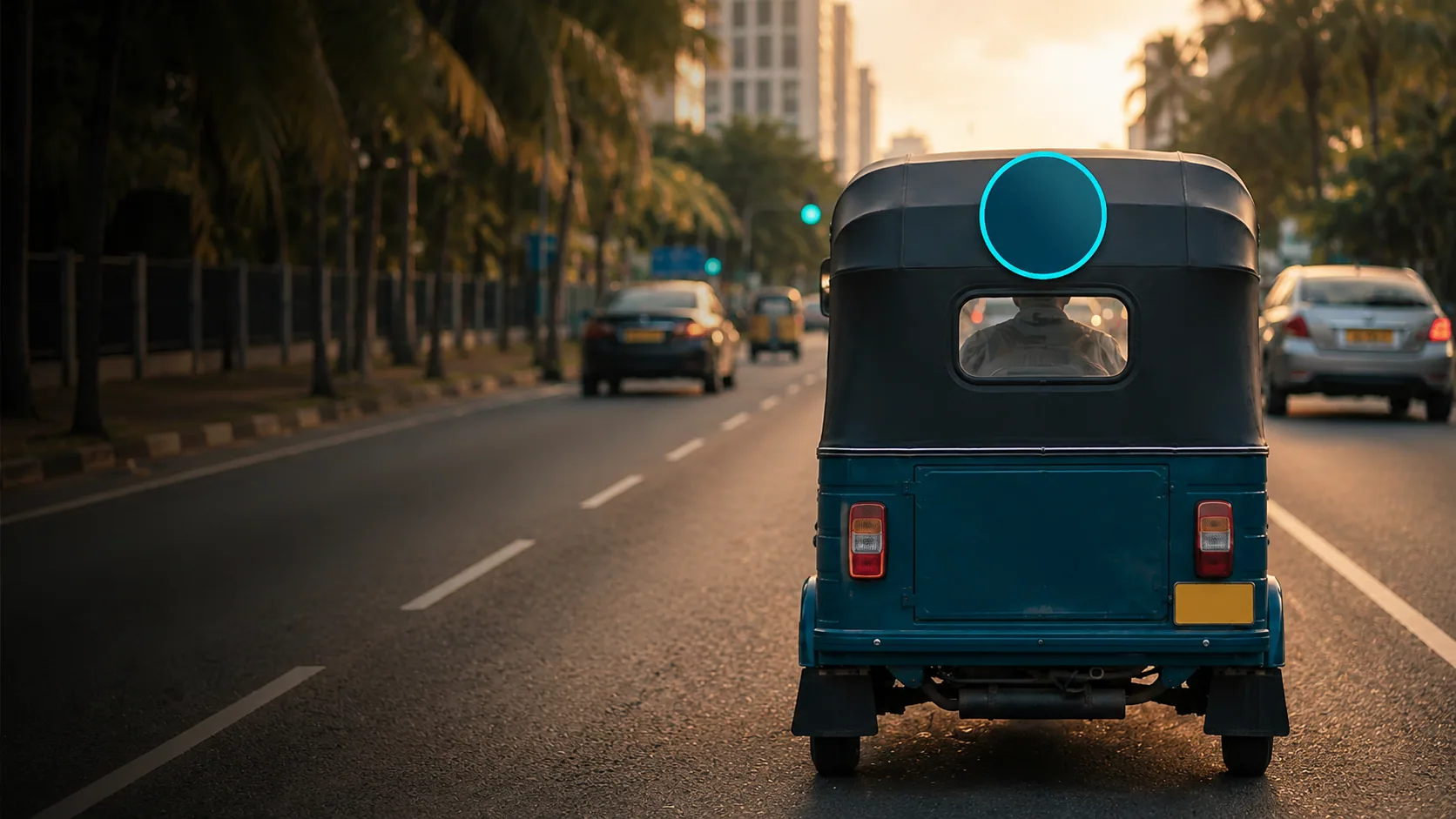 Three-wheeler with an ad panel above the rear window on a Colombo road
